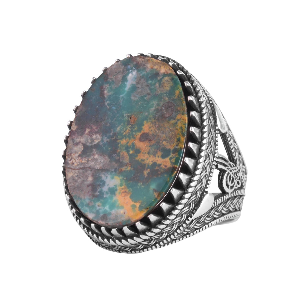 KAMBO Natural Turquoise Stone Large Men's Ring 925 Sterling Silver Oval Cabochon Ottoman Tugra Engraved Handmade Statement Ring (Turquoise-1)