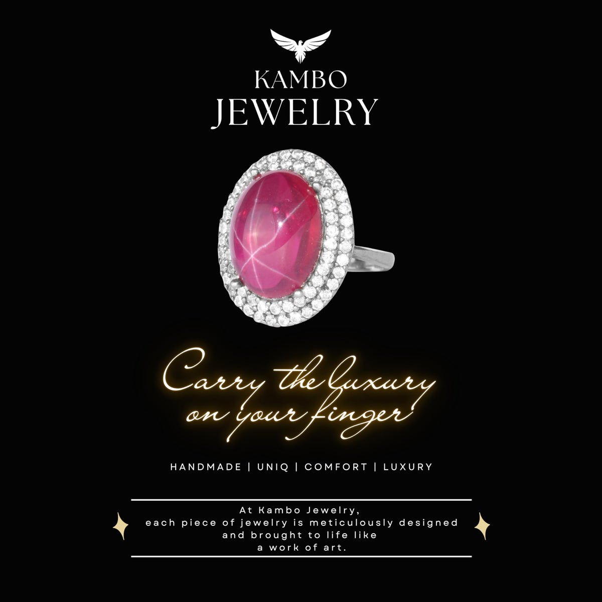 KAMBO Natural Star Ruby Stone Ring for Women 925 Sterling Silver Halo Design Handmade Elegant Ring Asterism Ruby — 6