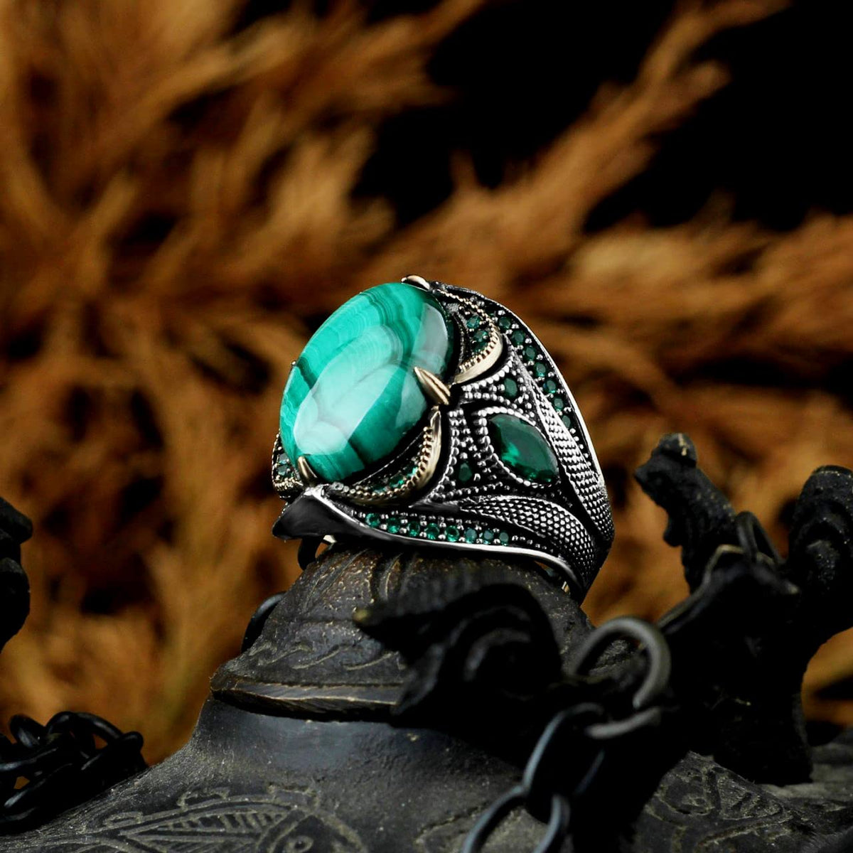Natural Malachite Stone Ring - 925 Sterling Silver Men's Ring (Model-2) — 3