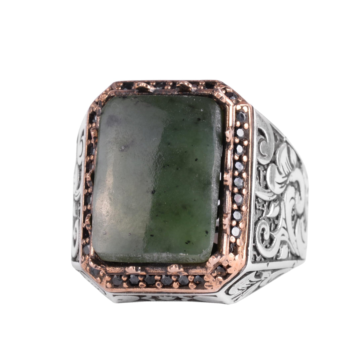 KAMBO Natural Stone Ring for Men 925 Sterling Silver - Rectangular Statement Ring Handmade Jewelry (Jade)