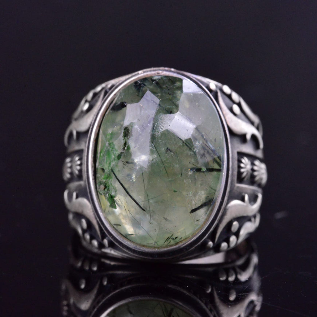 925 Sterling Silver Men's Ring – Natural Prehnite Stone, Detailed Carving Design — 3