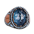 Aquamarine Glass Stone Ring - Handmade Men's Ring - Stylish 925 Sterling Silver Men's Ring