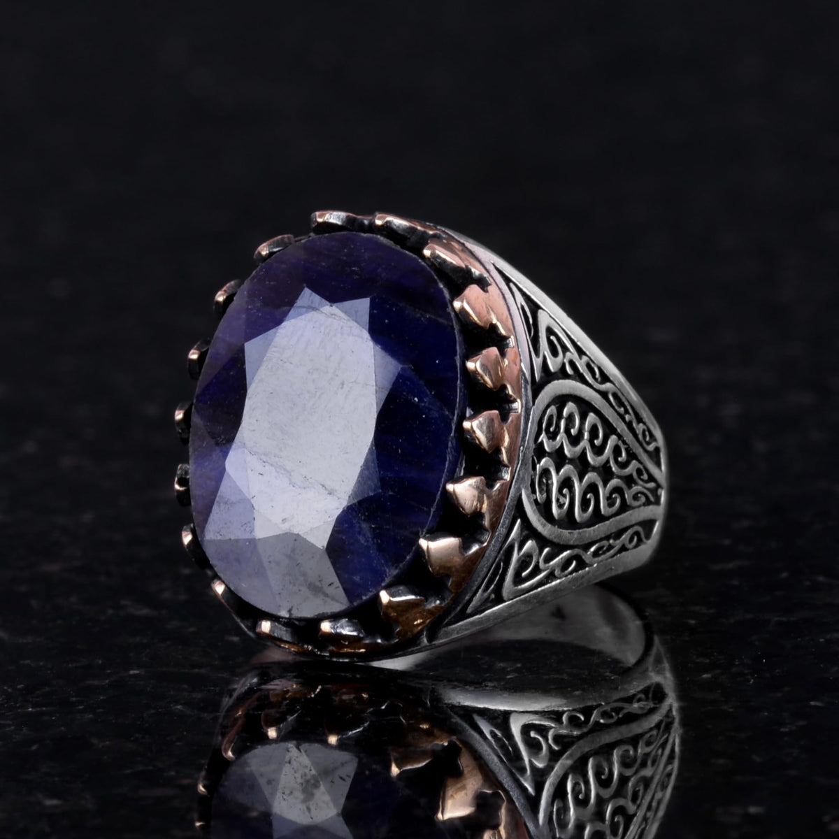 925 Sterling Silver Men's Ring - Blue Sapphire Stone — 3