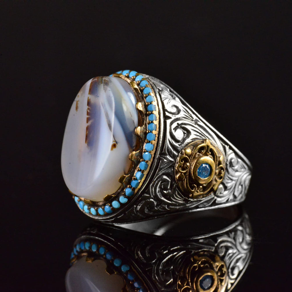 Natural Yemen Agate Stone Ring, Handcrafted 925 Sterling Silver Sultan Men's Ring — 6