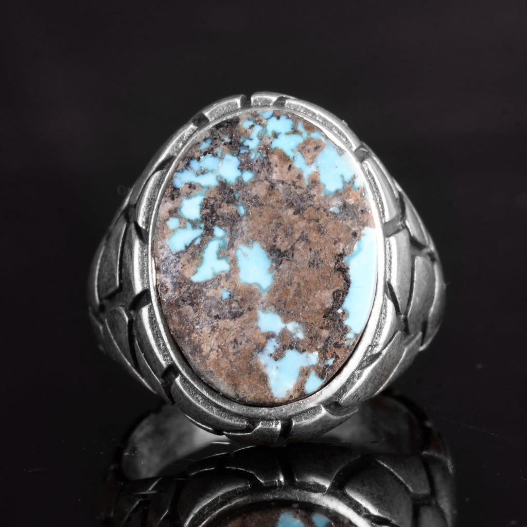 KAMBO Natural Turquoise Stone Ring - Snake Skin Pattern 925 Sterling Silver Men's Ring (Style-2) — 4