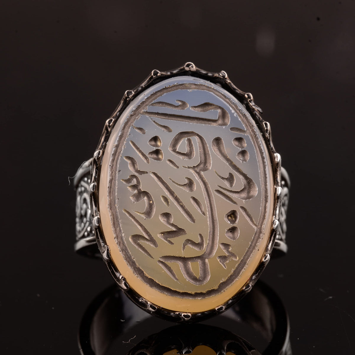 925 Sterling Silver Islamic Ring - Handmade Calligraphy with Natural Agate Stone — 3