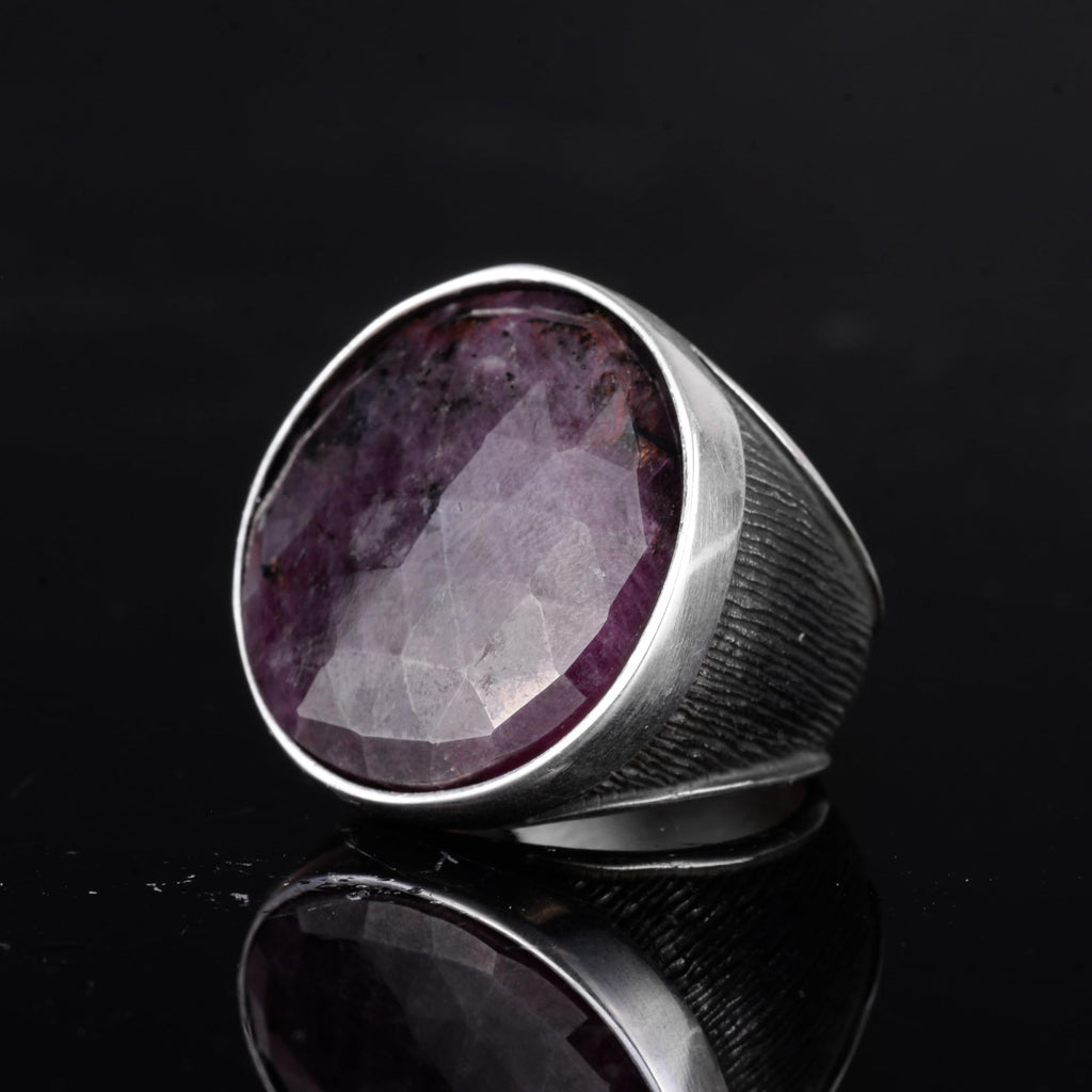 KAMBO 925 Sterling Silver Natural Stone Large Men's Ring – Handmade Round Shape Statement Silver Jewelry (Sapphire) — 5