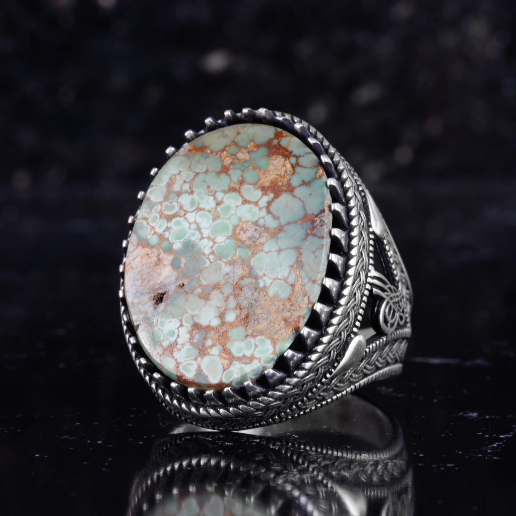 KAMBO Natural Turquoise Stone Large Men's Ring 925 Sterling Silver Oval Cabochon Ottoman Tugra Engraved Handmade Statement Ring (Turquoise-3) — 5