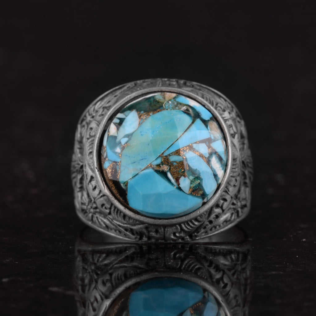 Silver Men's Ring with Natural Turquoise Stone and Detailed Flower Design — 4