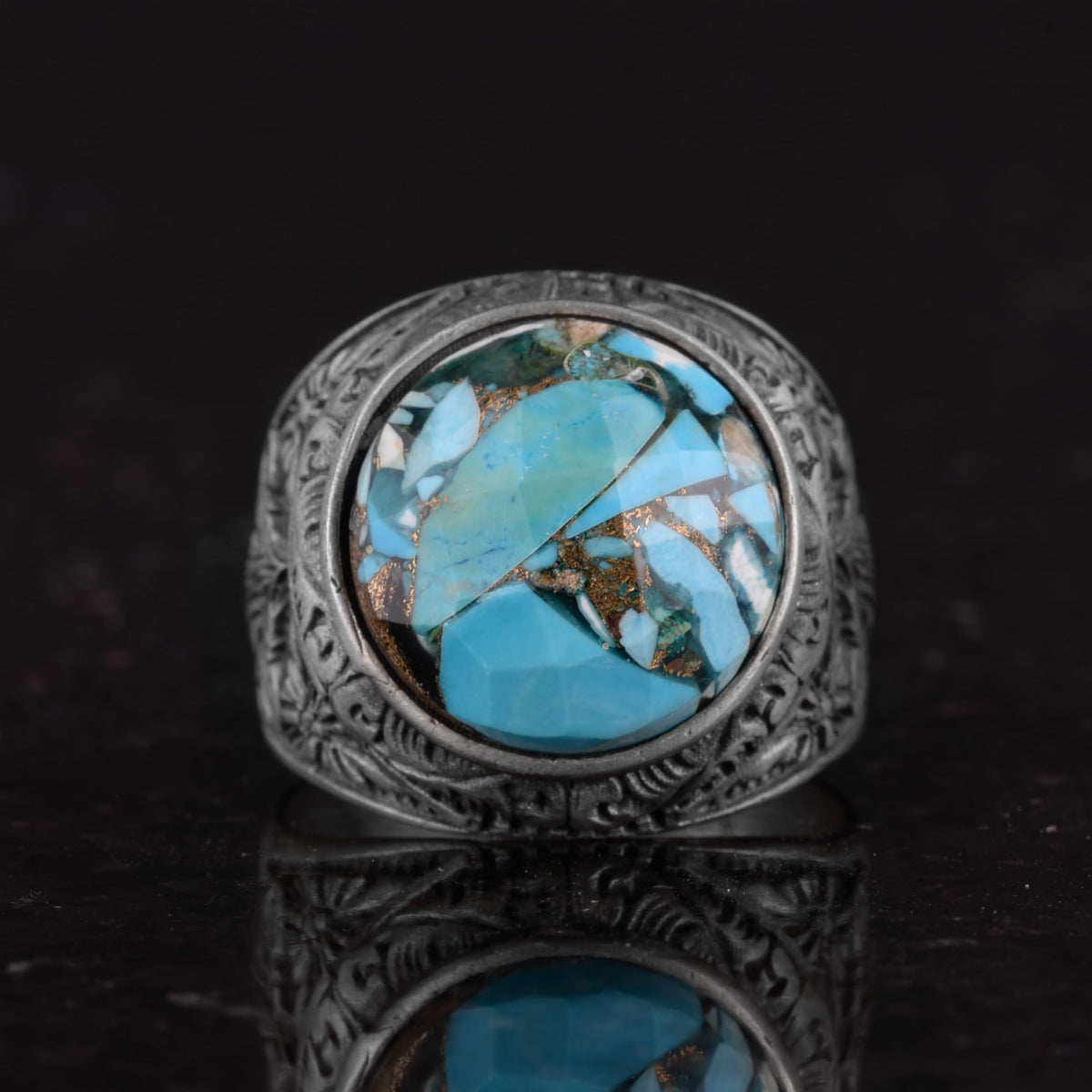 Silver Men's Ring with Natural Turquoise Stone and Detailed Flower Design — 4