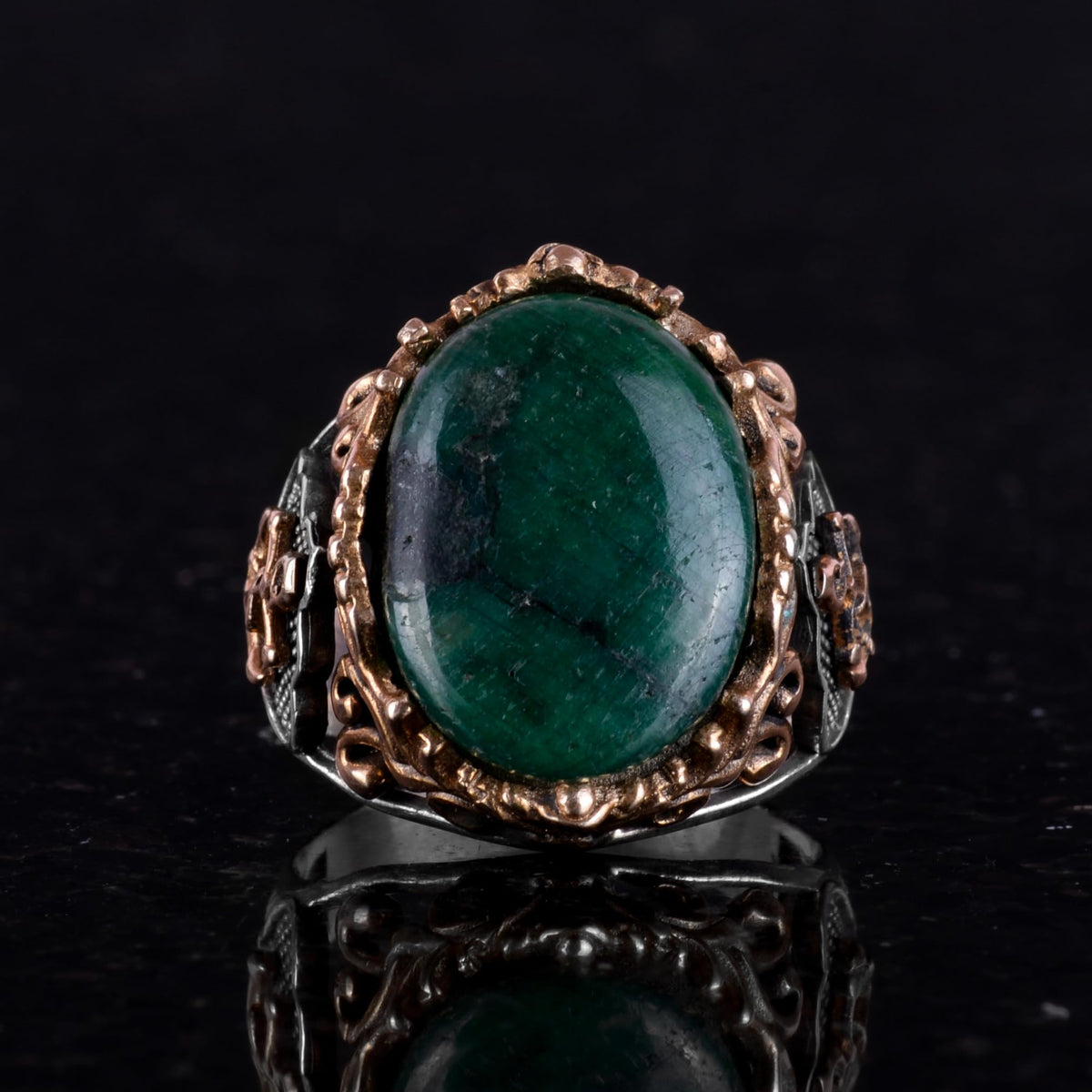 Sailor's Key Silver Ring, Natural Stone Ring, 925 Sterling Silver Ring, Cabochon Emerald — 4