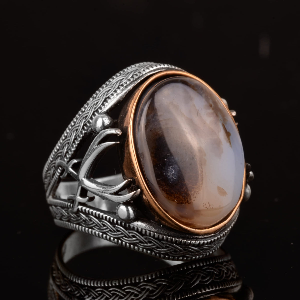 Natural Stone Men's Ring - Sword Ring, 925 Sterling Silver (Yemen Agate) — 2