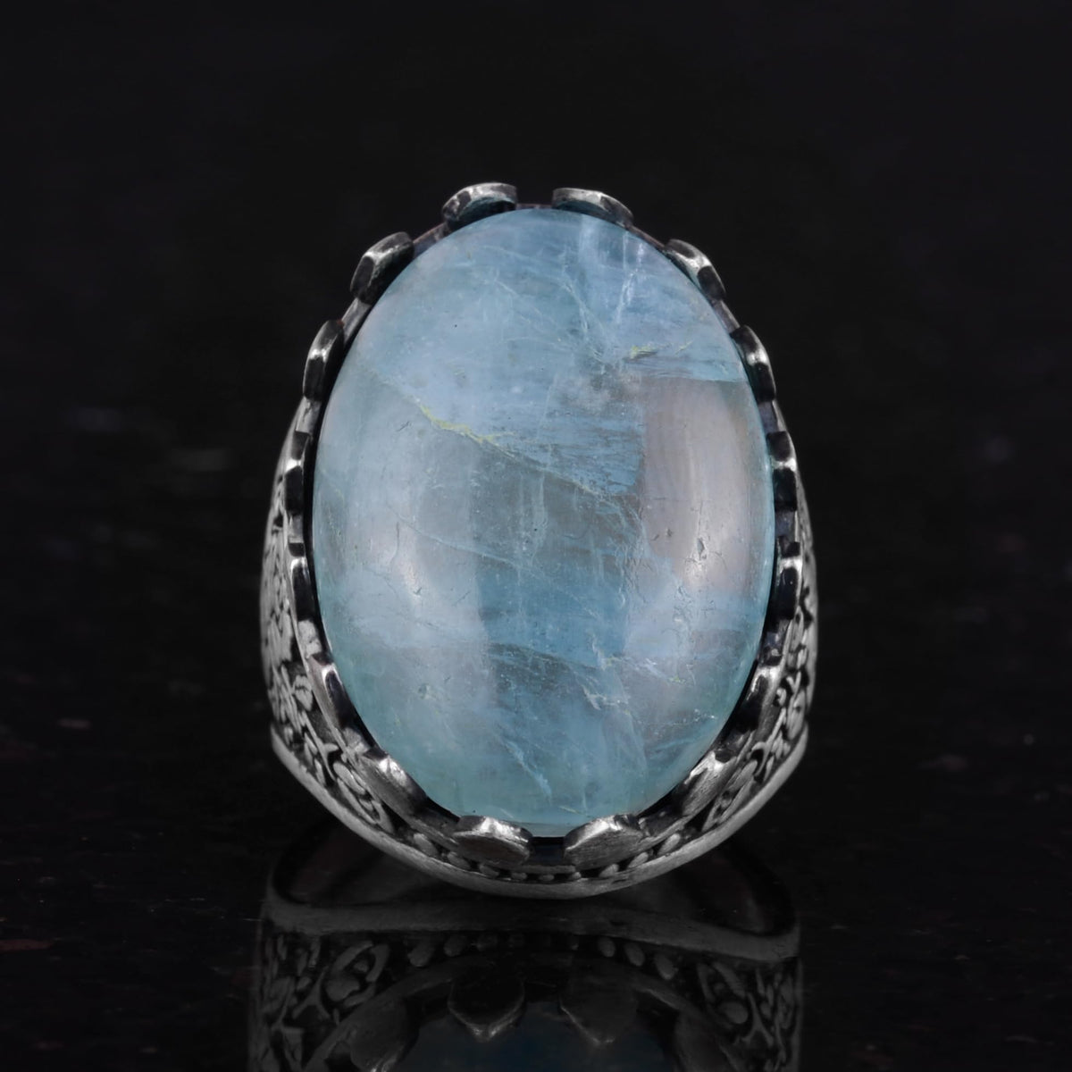 Natural Aquamarine Stone Ring - Rose Pattern - 925 Sterling Silver - Handmade Large Ring — 4