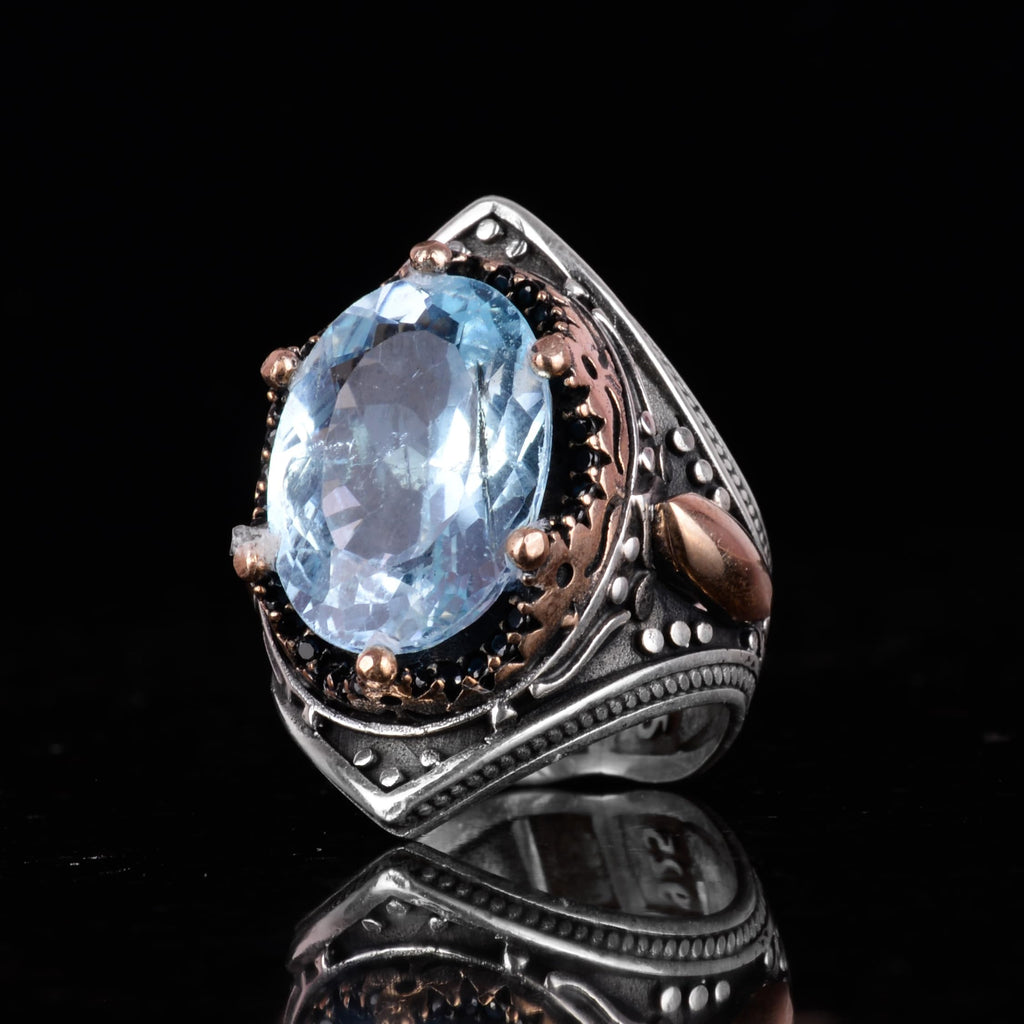 Natural Blue London Topaz Stone Ring, Silver Men's Ring — 5