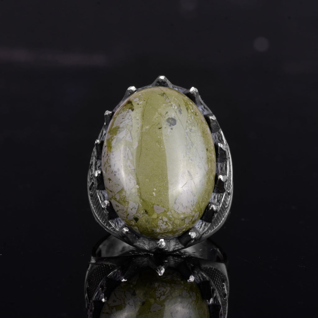 KAMBO Natural Stone Men's Large Ring – 925 Sterling Silver Ottoman Sword Motif Signet Ring (Unakite) — 3