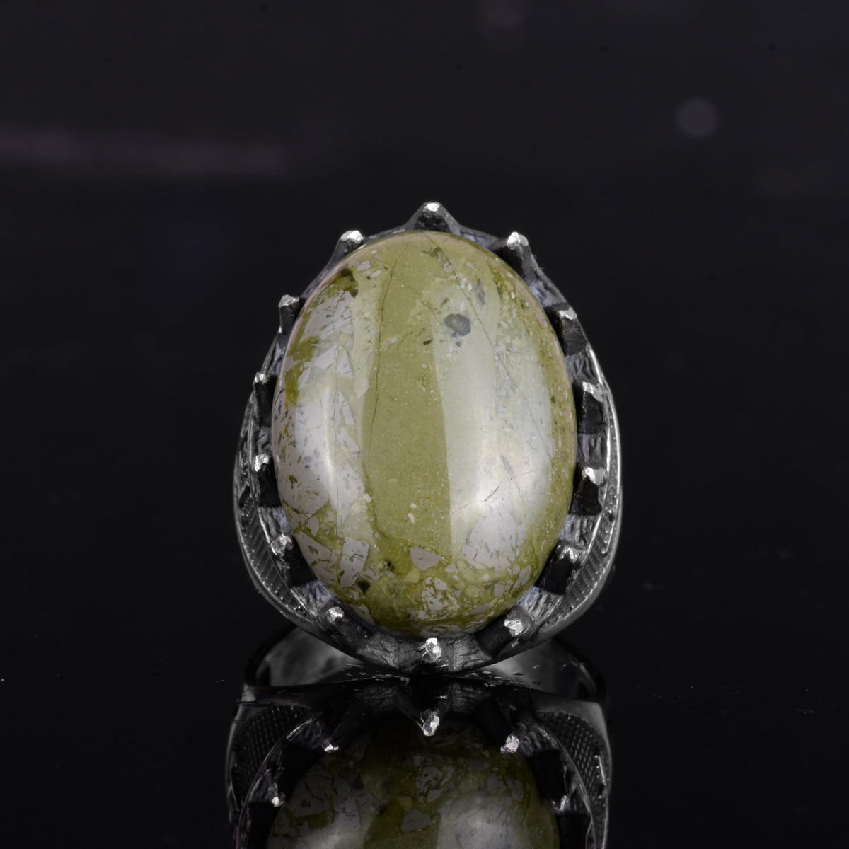 KAMBO Natural Stone Men's Large Ring – 925 Sterling Silver Ottoman Sword Motif Signet Ring (Unakite) — 3