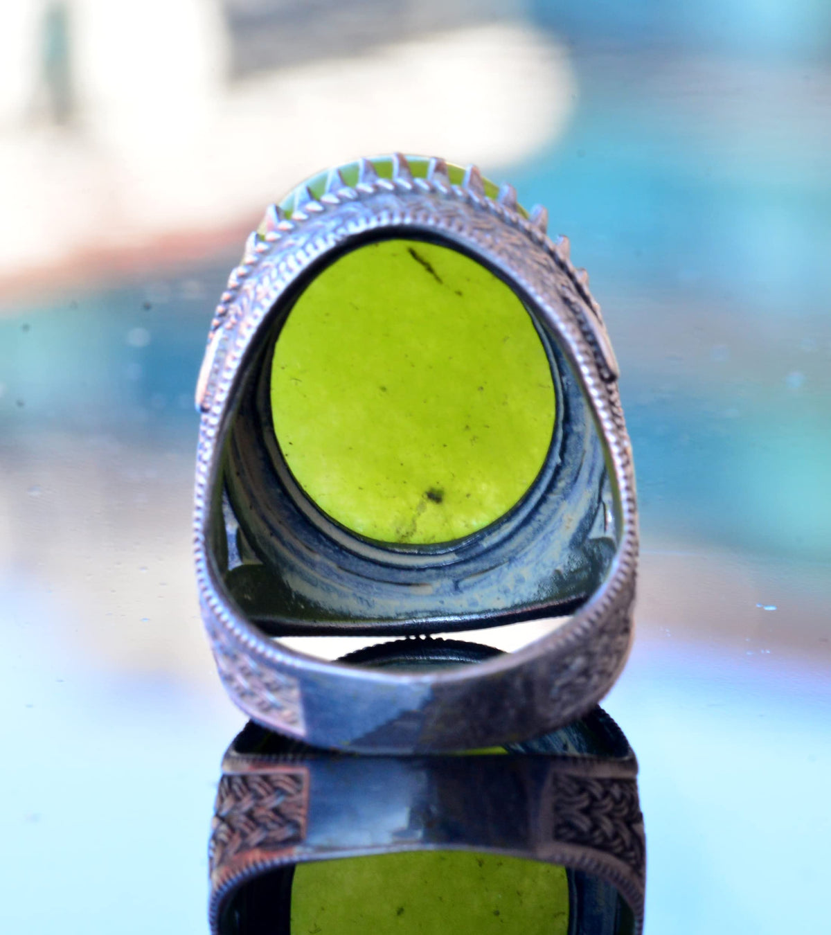 KAMBO Handmade 925 Sterling Silver Jade Gemstone Men's Ring, Serenity and Harmony Design, Vintage Statement Cocktail Rin