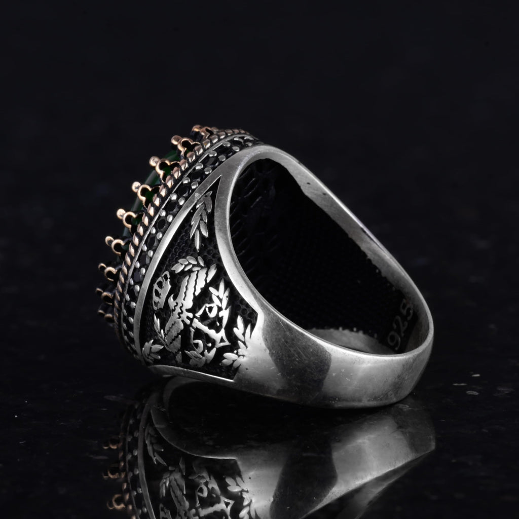 KAMBO 925 Sterling Silver Men's Ring, Created Stone Ring, Eagle Symbol Ring, Handmade Ring (Created Green Cat's Eye) — 7