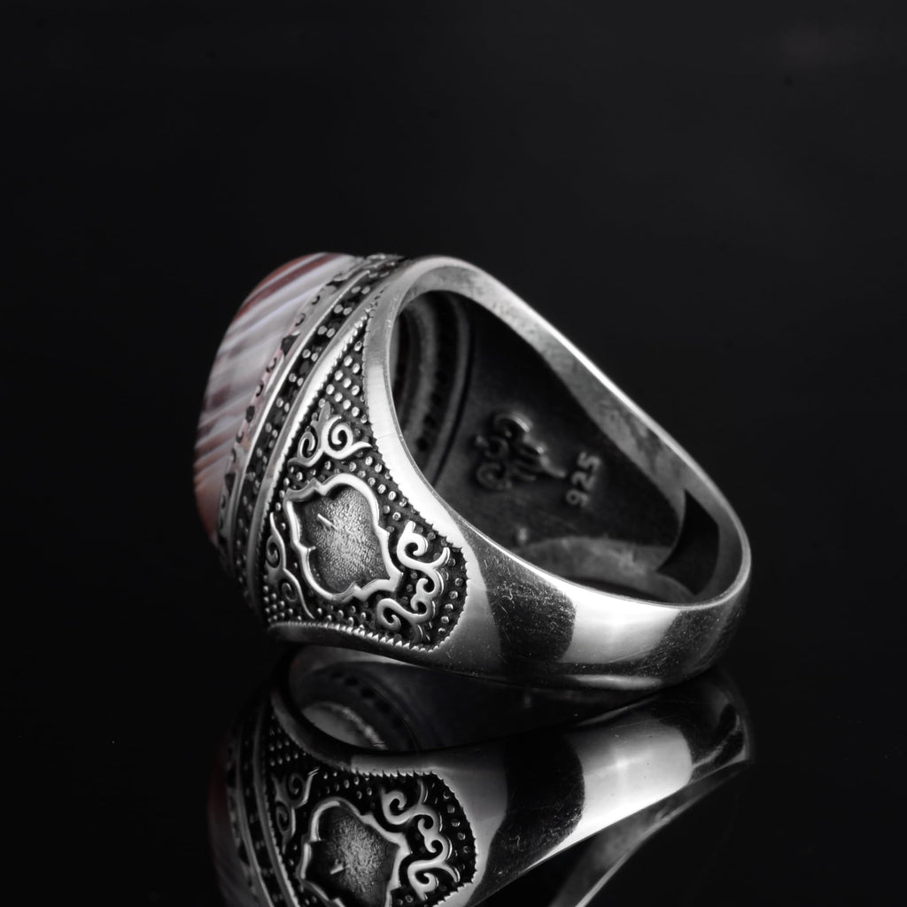 KAMBO Men's Natural Agate Stone Ring – 925 Sterling Silver Handmade Ottoman Star Motif Statement Ring – Islamic Heritage Jewelry (Style-3) — 7