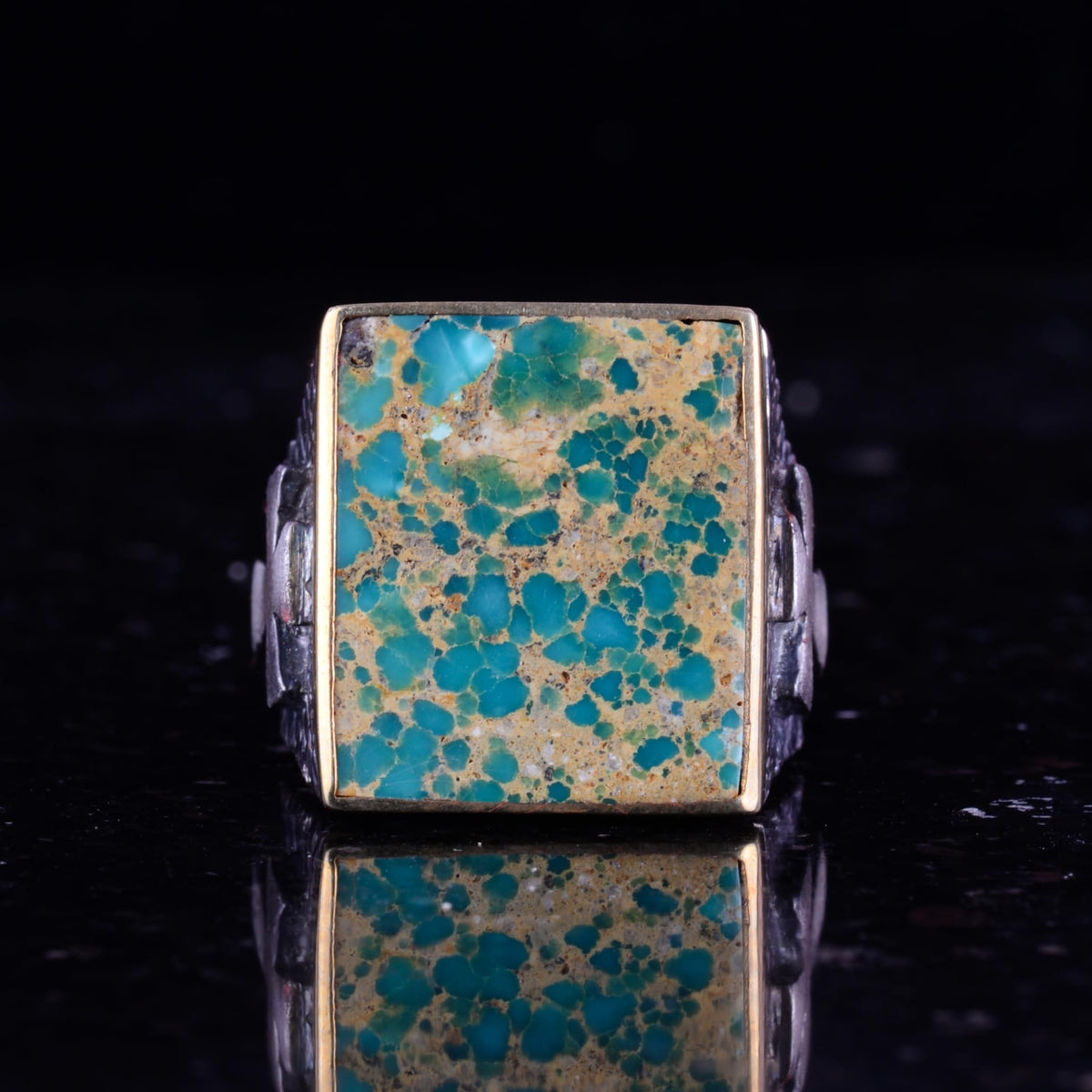 Kambo Cross Embossed Silver Men's Ring with Arizona Turquoise Gemstone — 6