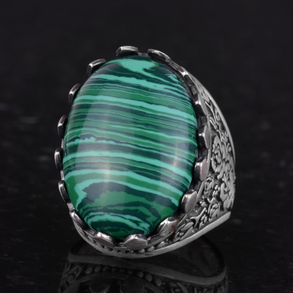 Natural Malachite Stone Ring - Rose Pattern Ring - 925 Sterling Silver Ring - Handmade Large Ring — 6