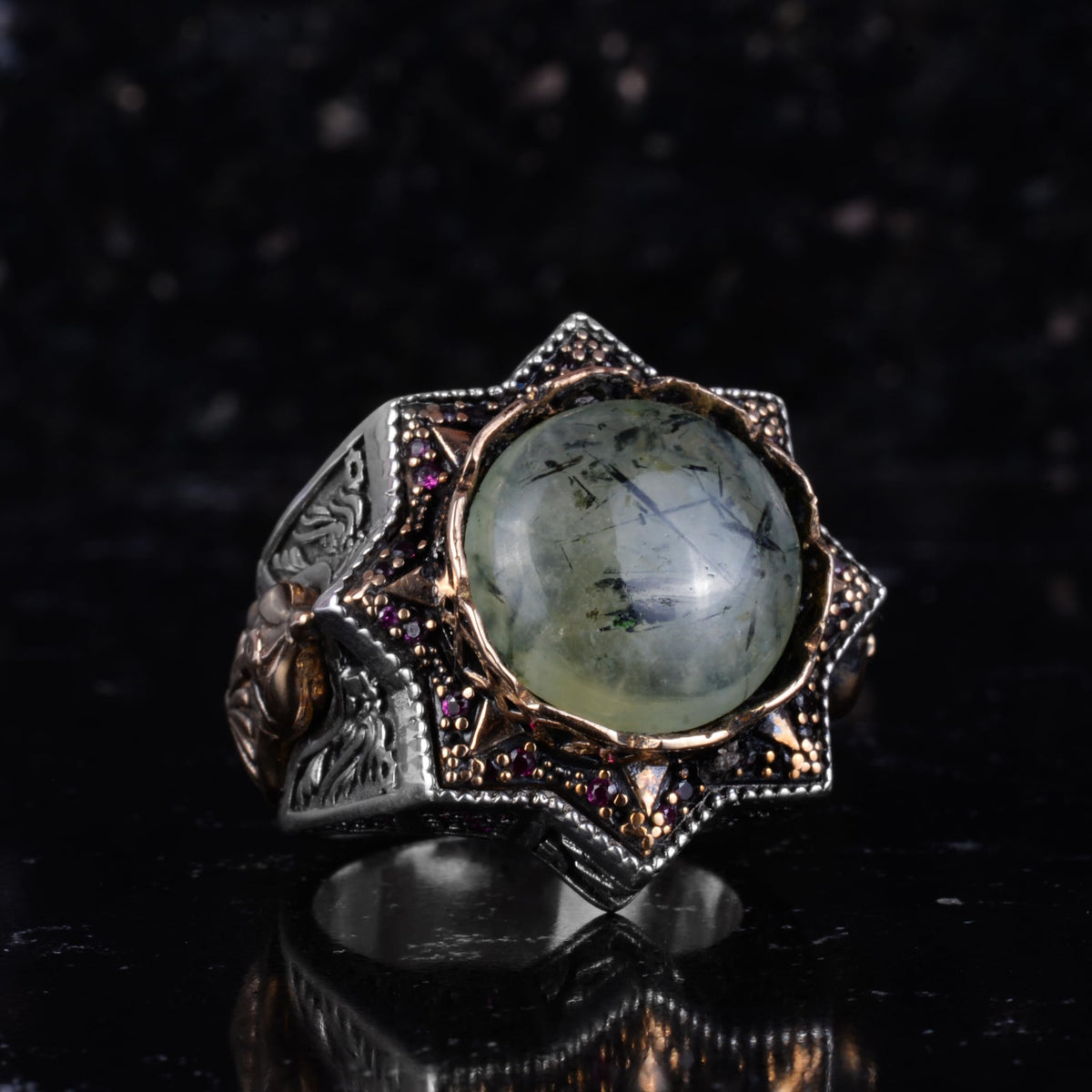 KAMBO Prehnite Stone Men's Ring – 925 Sterling Silver Handmade Star Shaped Design Large Statement Ring — 6
