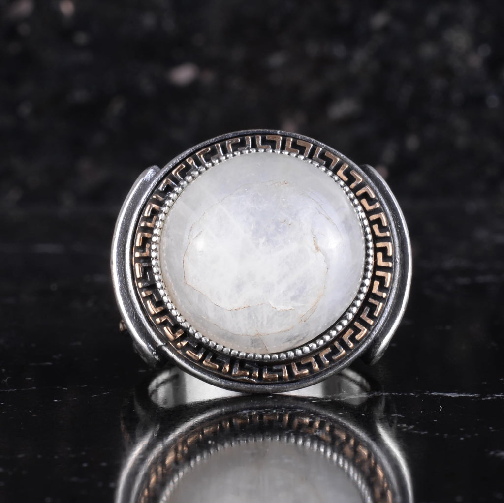 KAMBO Stone Round Men's Ring 925 Sterling Silver – Cabochon Handmade Vintage Greek Pattern Statement Ring (Moonstone) — 4