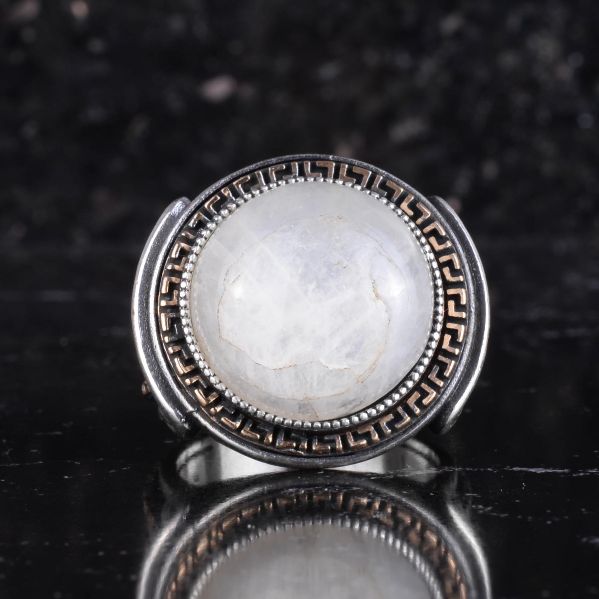 KAMBO Stone Round Men's Ring 925 Sterling Silver – Cabochon Handmade Vintage Greek Pattern Statement Ring (Moonstone) — 4