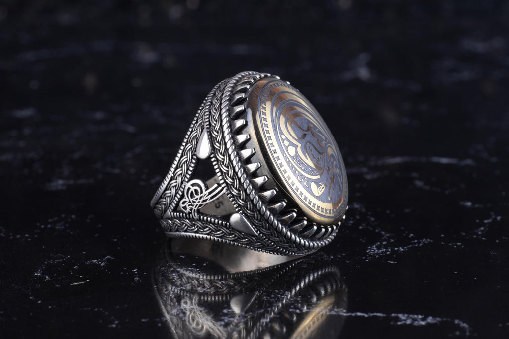 KAMBO Men's Natural Hematite Stone Ring – 925 Sterling Silver Ya Ali Arabic Calligraphy Ring – Ottoman Style Statement Ring — 6