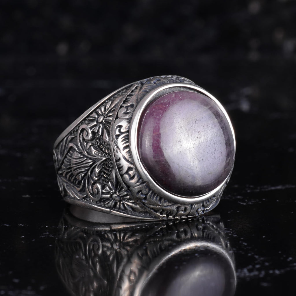 KAMBO Natural Ruby Stone Ring for Men 925 Sterling Silver Handmade Statement Ring Oval Cabochon Ruby — 6
