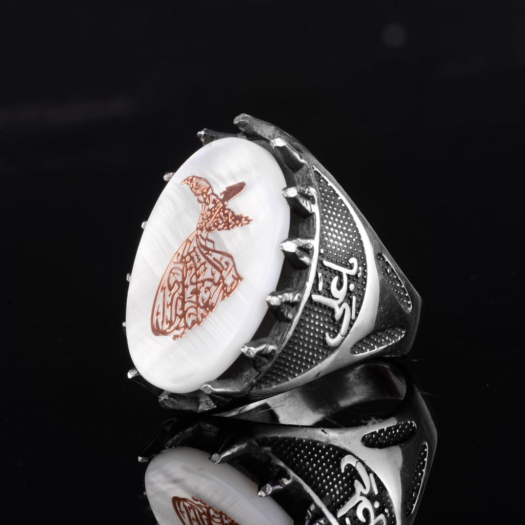 KAMBO 925 Sterling Silver Natural Pearl Men's Ring – Handmade Whirling Dervish Sufi Symbol Statement Ring — 5