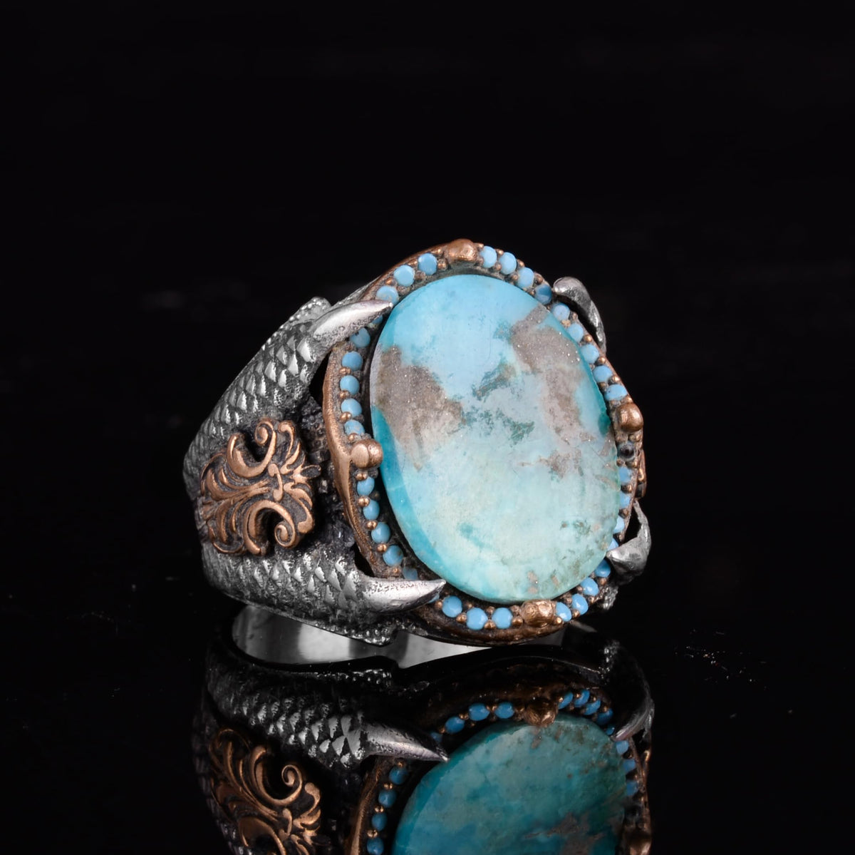 KAMBO Raw Turquoise Oval Stone Claw Setting – Bronze Detailed Silver Artisan Men's Statement Accessory (D) — 5