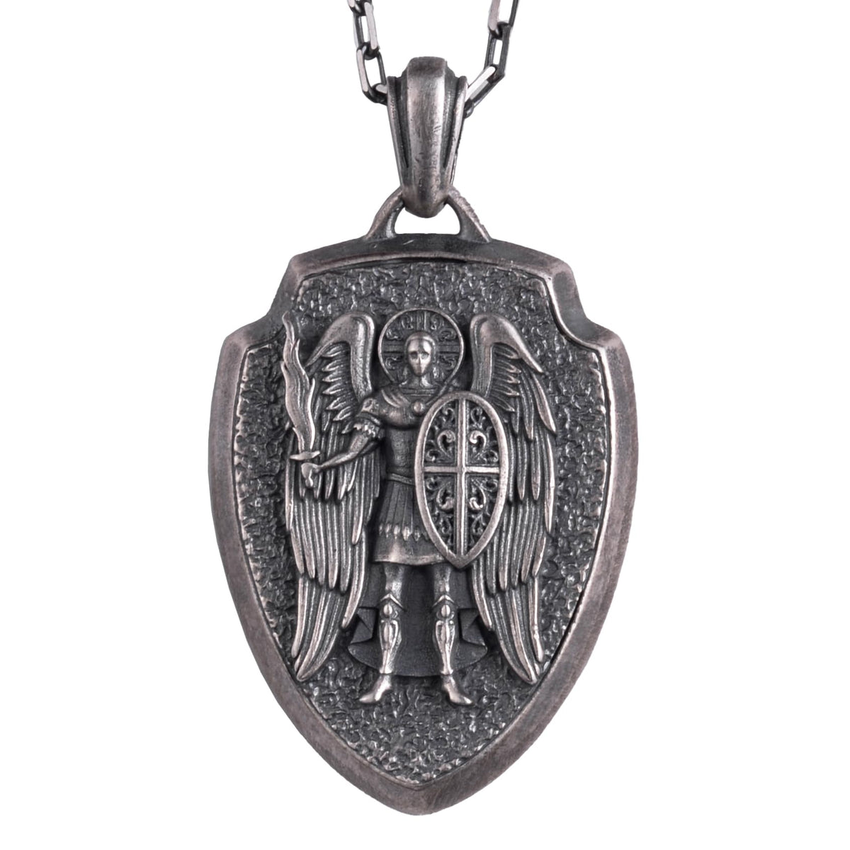 KAMBO 925 Sterling Silver Archangel Michael Necklace for Men – Spiritual Protector Medal – Chain Religious Shield Design (Silver)