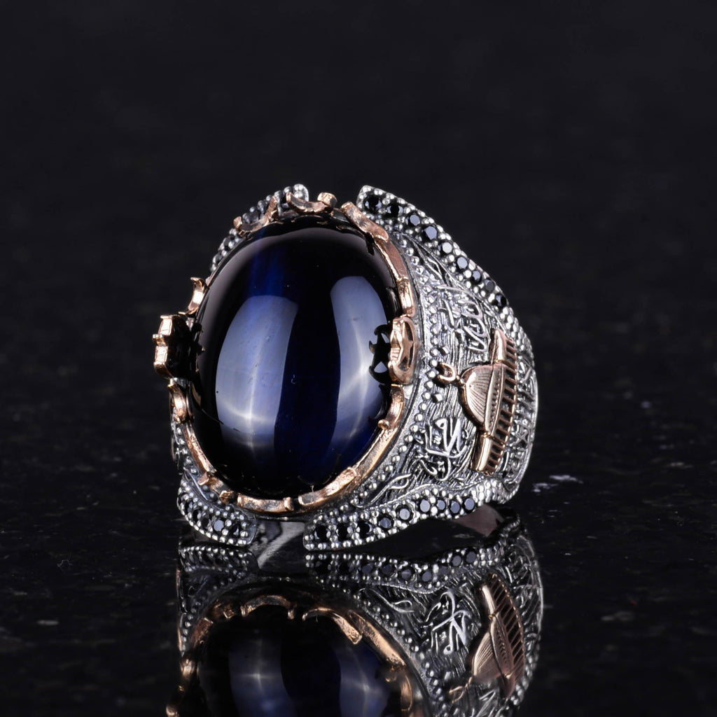 925 Sterling Silver Ring, Dark Blue Cat's Eye Stone Ring — 4
