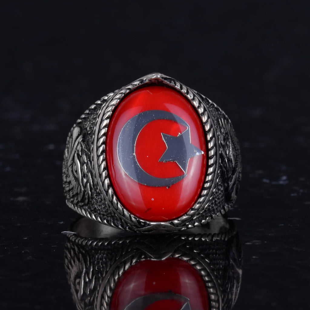 Men's Crescent and Star Eagle Ring - 925 Sterling Silver Ring - Crescent and Star Design - Turkish Crescent and Star Flag Eagle Design Ring (Red) — 4