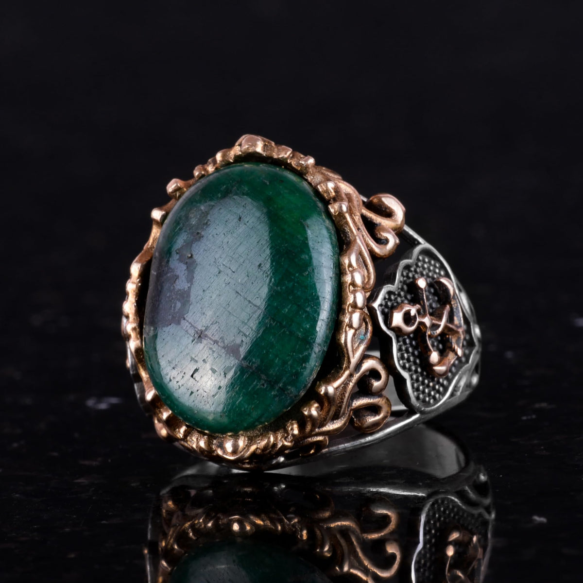 Sailor's Key Silver Ring, Natural Stone Ring, 925 Sterling Silver Ring, Cabochon Emerald — 3