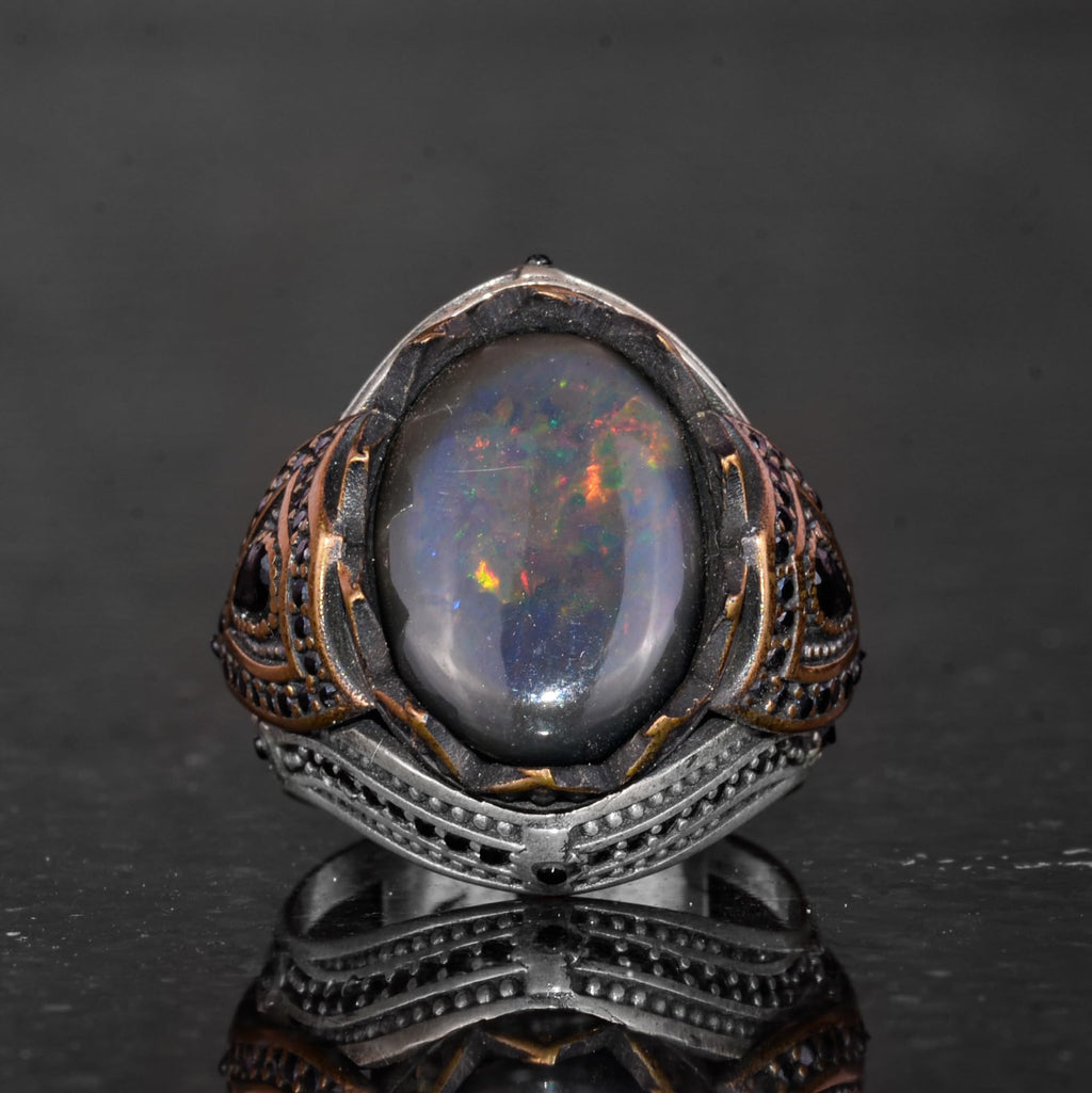 925 Sterling Silver Men's Ring - Natural Opal - Bronze Plated Details - Handmade, Attractive Piece — 4