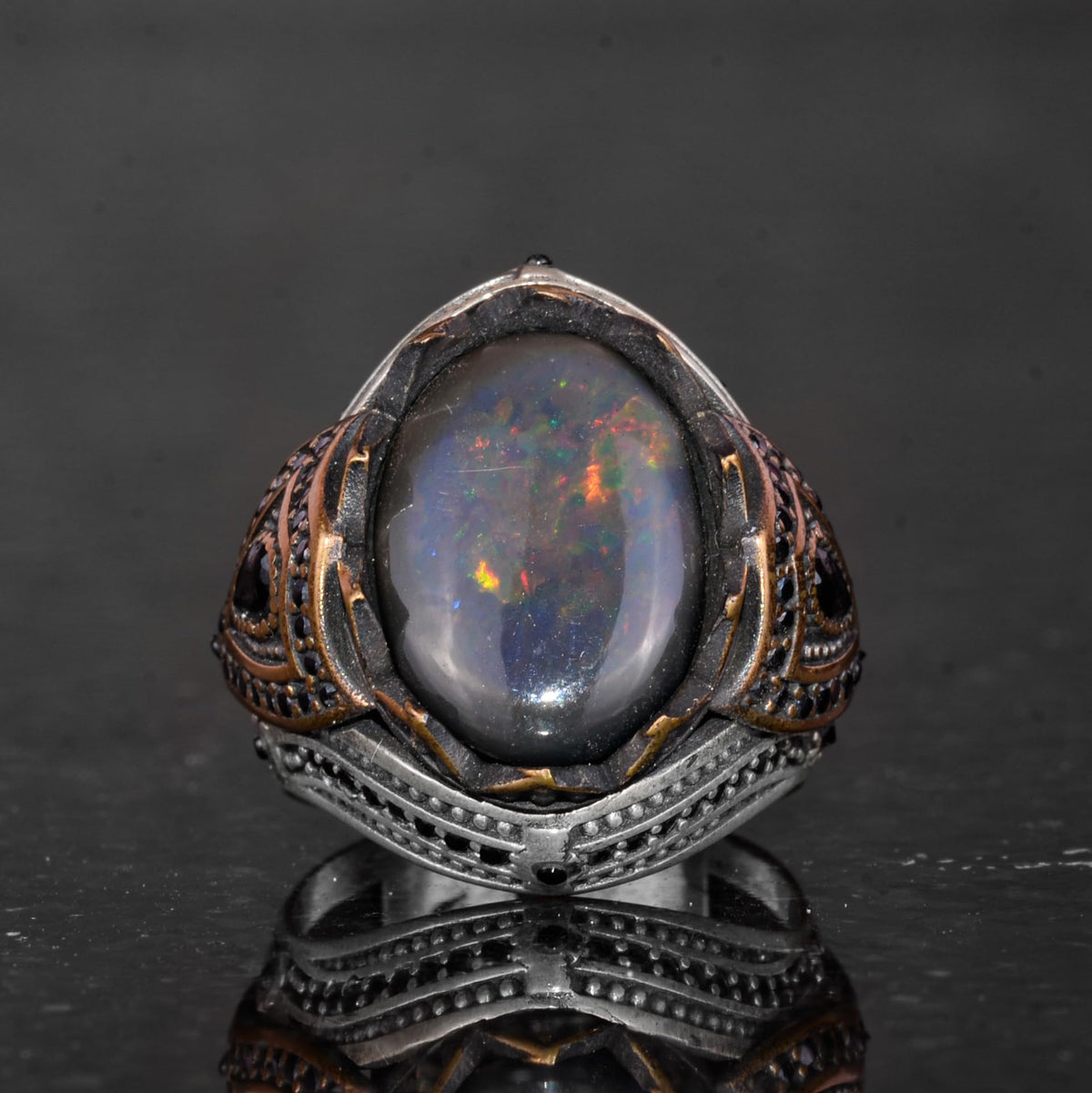 925 Sterling Silver Men's Ring - Natural Opal - Bronze Plated Details - Handmade, Attractive Piece — 4