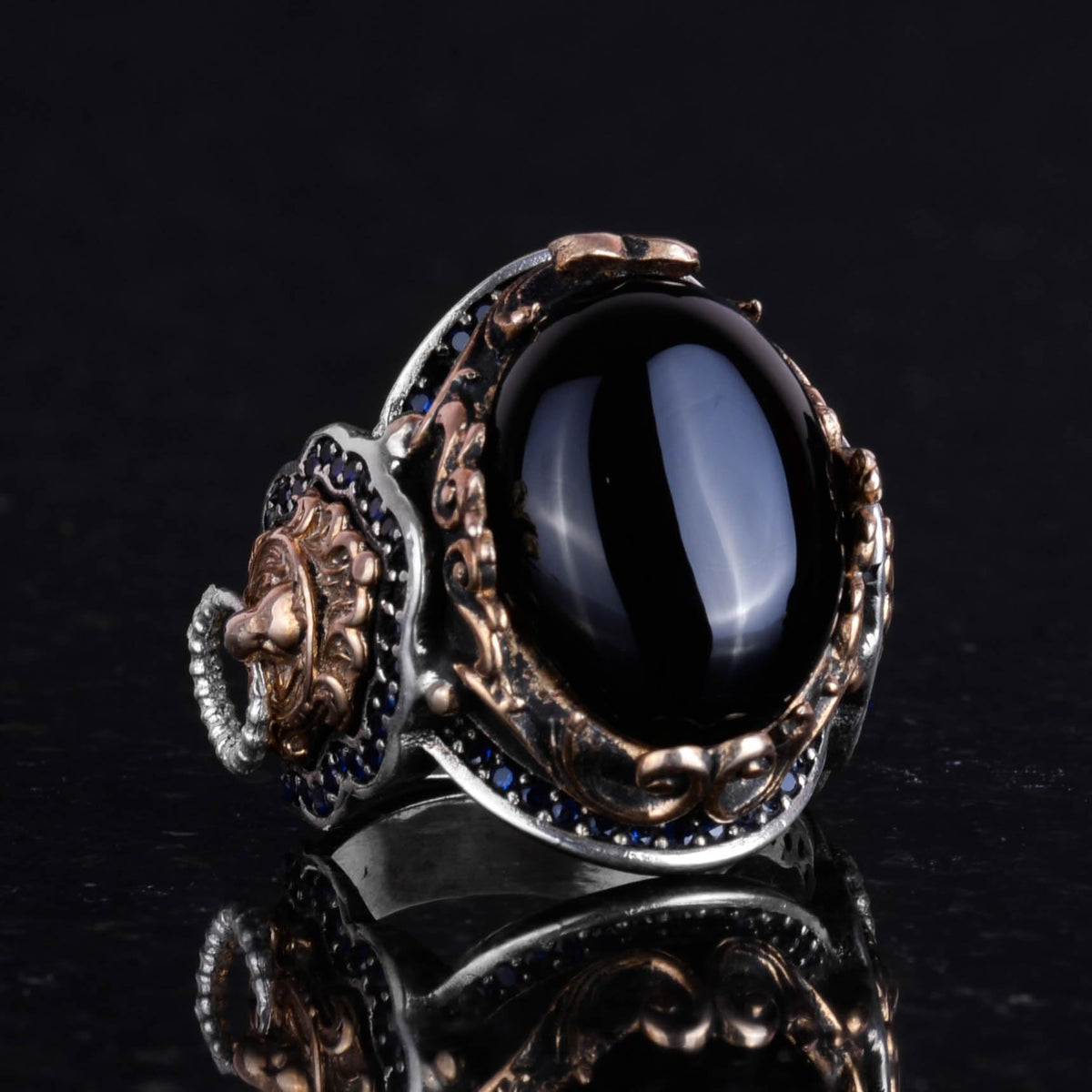 Onyx Stone Ring, Handmade Lion Head Men's Ring, 925 Sterling Silver Design Men's Ring — 4