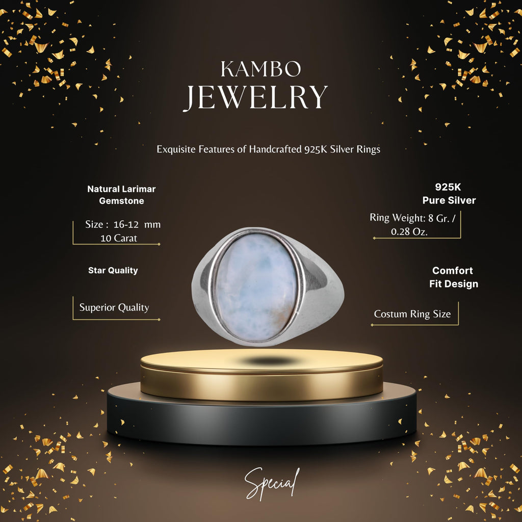 KAMBO Natural Men's Ring – 925 Sterling Silver Minimalist Oval Stone Ring – Handmade Classic Statement Jewelry (Larimar) — 2