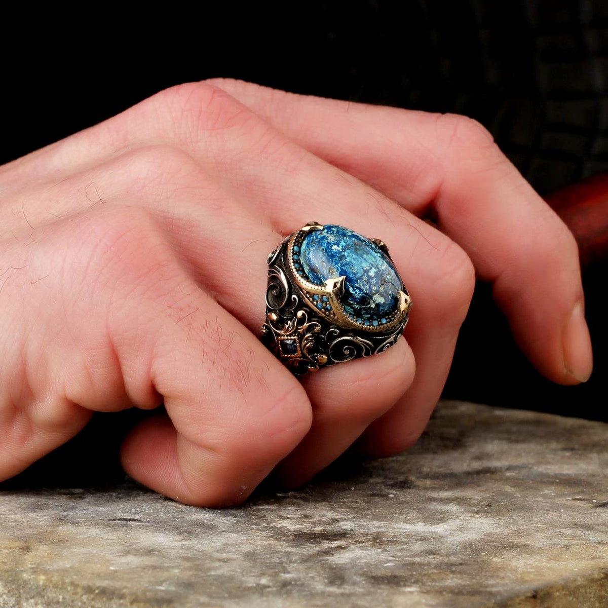 Men's Ring, Natural Azurite Stone Ring, 925 Sterling Silver — 7