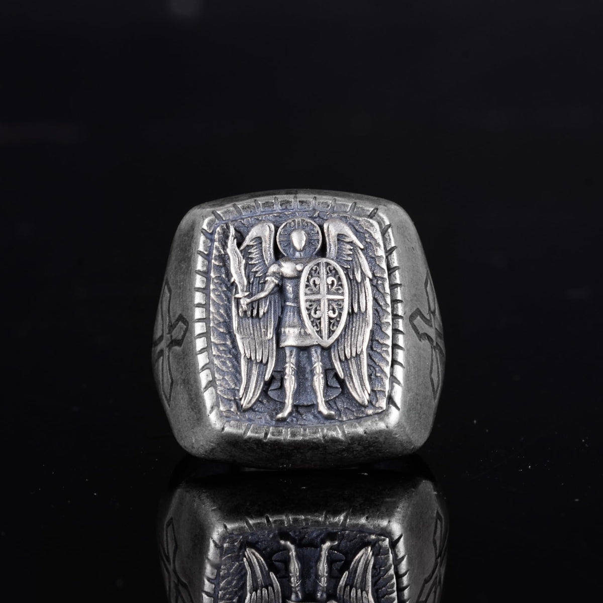 KAMBO 925 Sterling Silver Men's Archangel Michael Ring – Protective Angel with Sword and Cross Shield – Handmade Religious Protection Jewelry — 4