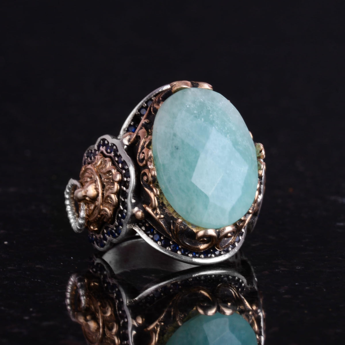 Natural Amazonite Stone Ring - 925 Sterling Silver Lion Ring — 5