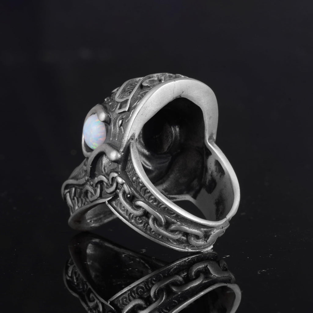 KAMBO Dragon Pattern Heavy 925 Sterling Silver Men's Large Ring - Handmade Animal Figurine Ring (Synthetic White Opal) — 7