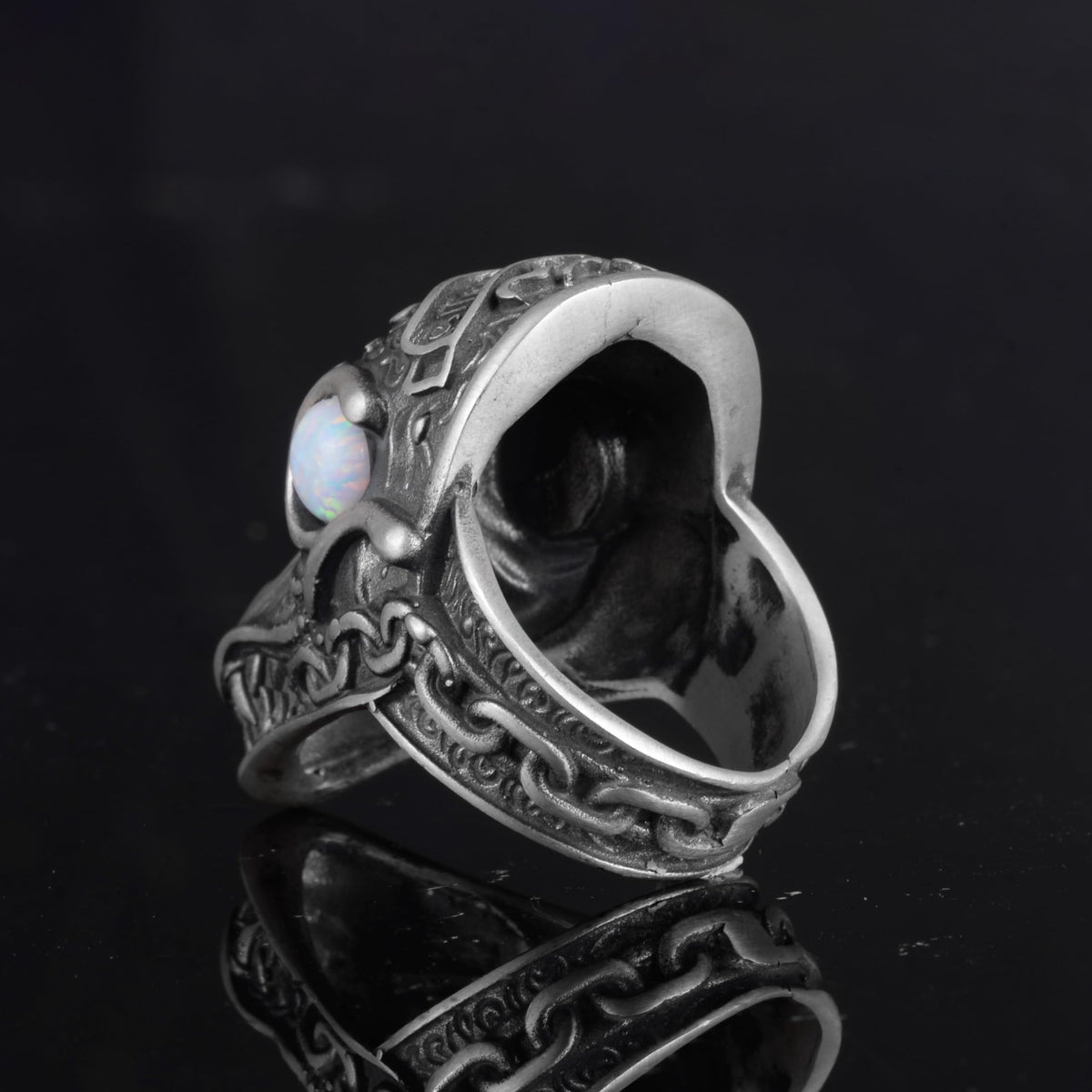 KAMBO Dragon Pattern Heavy 925 Sterling Silver Men's Large Ring - Handmade Animal Figurine Ring (Synthetic White Opal) — 7