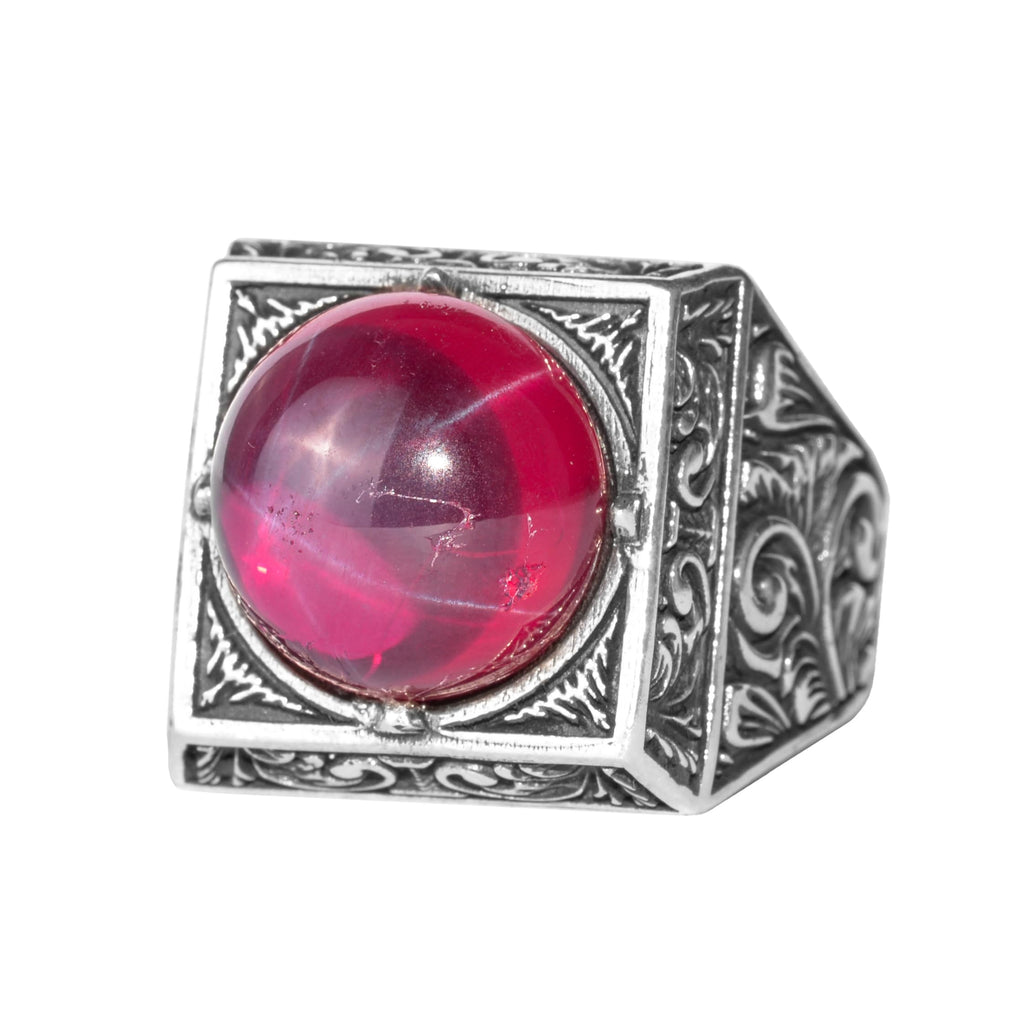 KAMBO Natural Round Stone Square Men's Ring 925 Sterling Silver – Ottoman Pattern Handmade Stone Ring (Star Ruby)