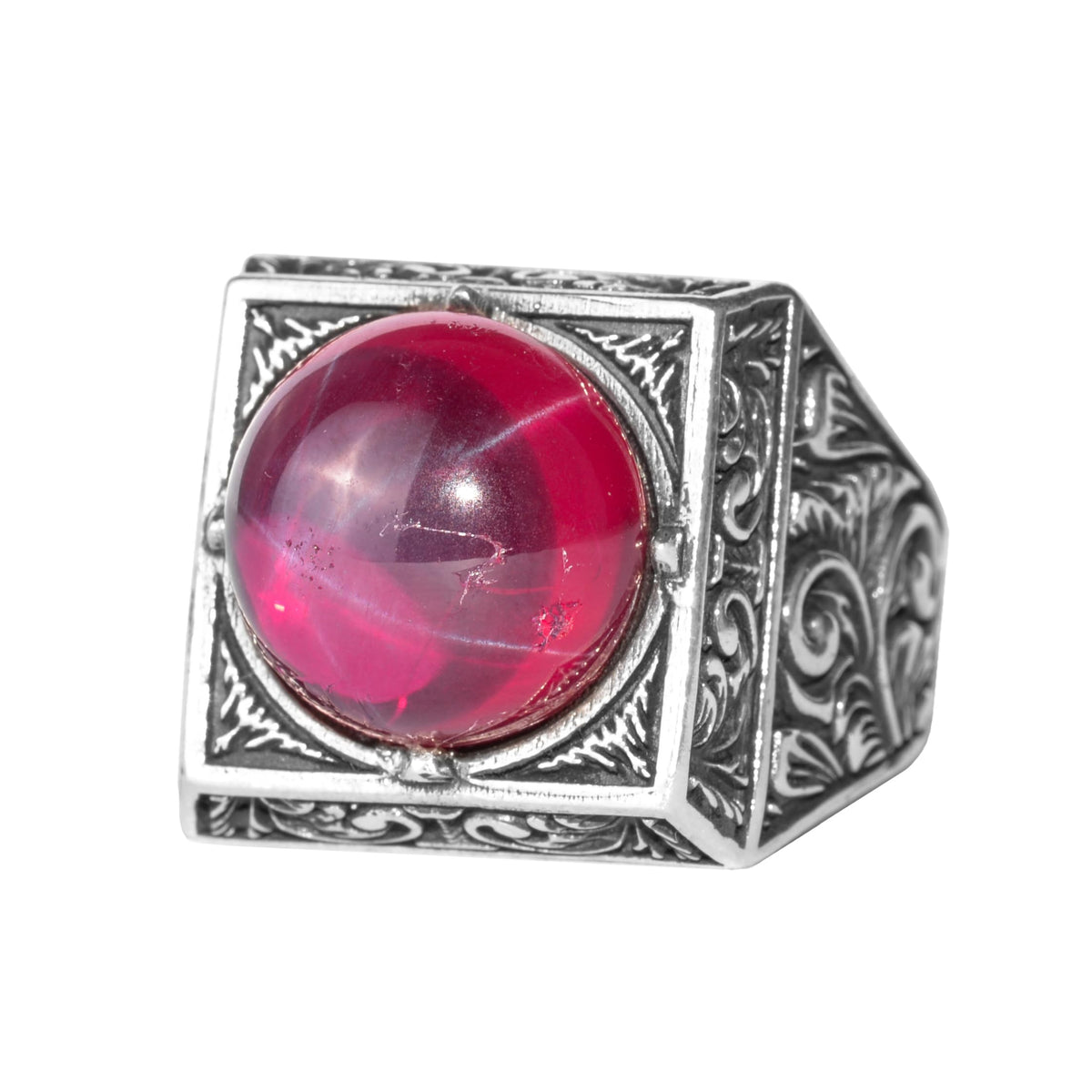 KAMBO Natural Round Stone Square Men's Ring 925 Sterling Silver – Ottoman Pattern Handmade Stone Ring (Star Ruby)