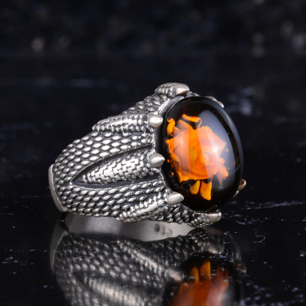 KAMBO Amber Stone Men's Ring Rose Carved 925 Sterling Silver – Oval Cabochon Handmade Vintage Flower Design Ring — 6