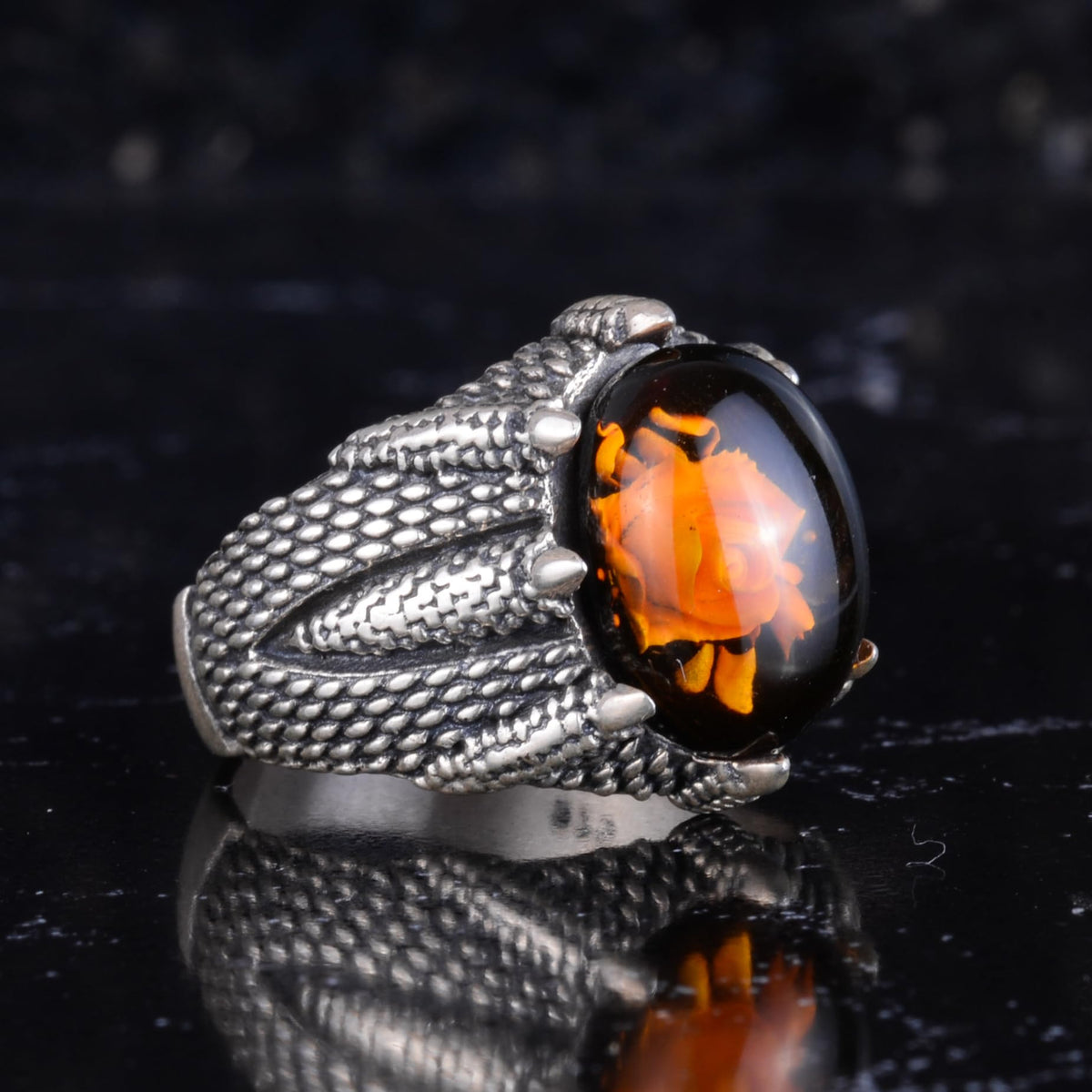 KAMBO Amber Stone Men's Ring Rose Carved 925 Sterling Silver – Oval Cabochon Handmade Vintage Flower Design Ring — 6
