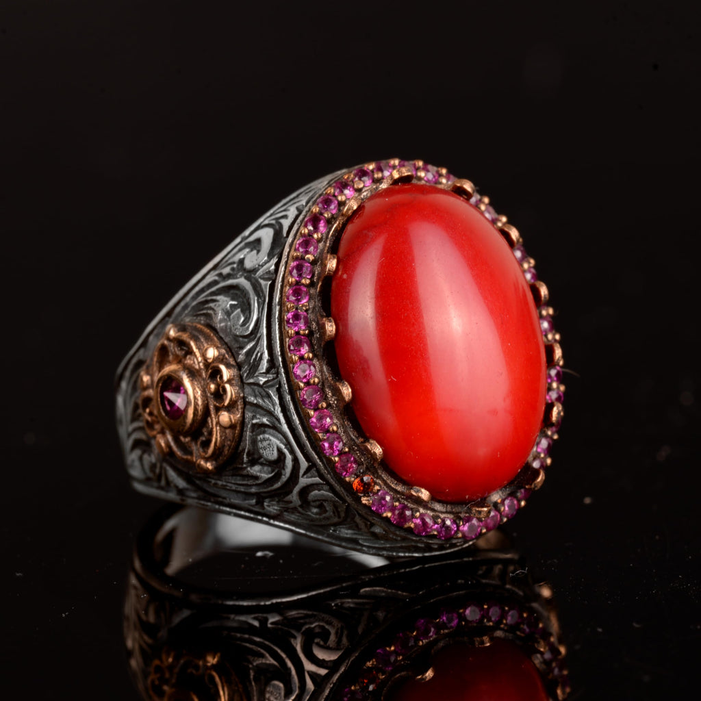 Natural Coral Stone Ring - 925 Sterling Silver — 4